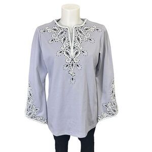 Bob Mackie Wearable Art Gray V Neck Embroidered Tunic Long Sleeves size XS‎